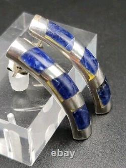 Vintage 925 Sterling Silver Inlay Sodalite Earrings Mexico Taxco Dangle Solid