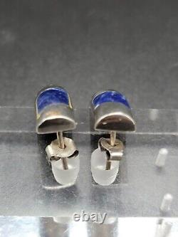 Vintage 925 Sterling Silver Inlay Sodalite Earrings Mexico Taxco Dangle Solid