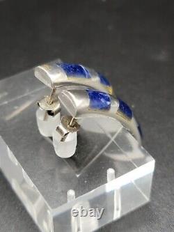 Vintage 925 Sterling Silver Inlay Sodalite Earrings Mexico Taxco Dangle Solid