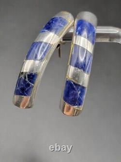 Vintage 925 Sterling Silver Inlay Sodalite Earrings Mexico Taxco Dangle Solid