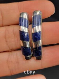 Vintage 925 Sterling Silver Inlay Sodalite Earrings Mexico Taxco Dangle Solid