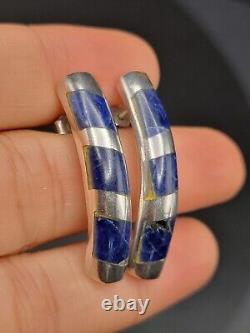 Vintage 925 Sterling Silver Inlay Sodalite Earrings Mexico Taxco Dangle Solid