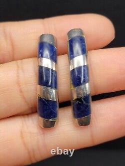 Vintage 925 Sterling Silver Inlay Sodalite Earrings Mexico Taxco Dangle Solid