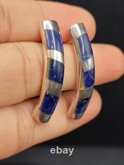 Vintage 925 Sterling Silver Inlay Sodalite Earrings Mexico Taxco Dangle Solid