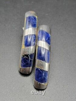 Vintage 925 Sterling Silver Inlay Sodalite Earrings Mexico Taxco Dangle Solid