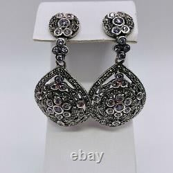 Vintage 925 Sterling Silver Marcasite Cubic Zirconia Dangle Drop Earrings (5270)
