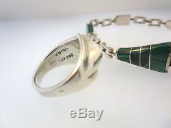 Vintage 925 Sterling Silver Mexico Malachite Link Bracelet Ring & Earrings Set