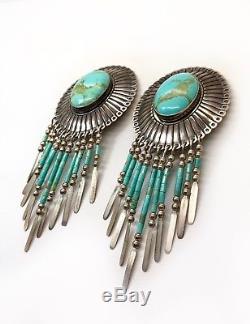Vintage 925 Sterling Silver Natural Turquoise Long Dangling Clip-On Earrings