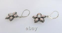 Vintage 925 Sterling Silver Pink & White Moonstone Marcasite Flower Earrings 7g