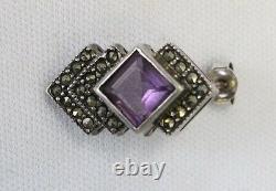 Vintage 925 Sterling Silver Purple Amethyst and Marcasite Drop Dangle Earrings