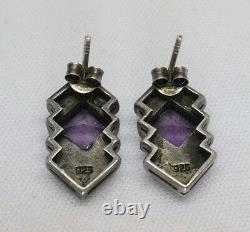 Vintage 925 Sterling Silver Purple Amethyst and Marcasite Drop Dangle Earrings