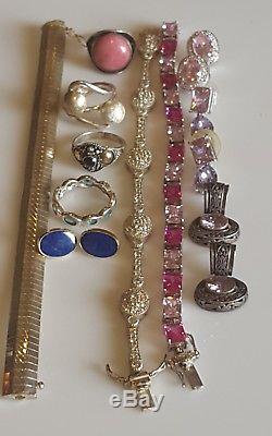 Vintage 925 sterling silver 4 Amethyst earrings 3 bracelets & 4 Pearl Rings Lot