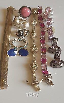 Vintage 925 sterling silver 4 Amethyst earrings 3 bracelets & 4 Pearl Rings Lot