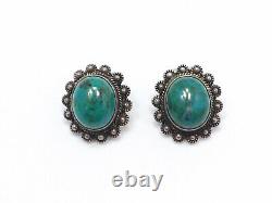 Vintage 950 Sterling Silver Small Azurmalachite Clip on Earrings, 7.6g
