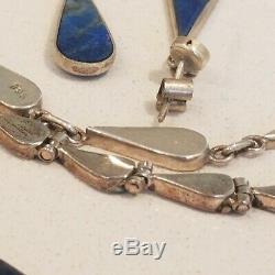 Vintage 980 Sterling Silver Lapis Double Sided Earrings Bracelet & Necklace Set
