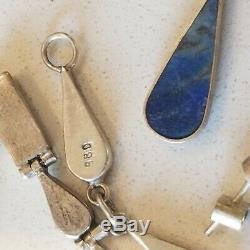 Vintage 980 Sterling Silver Lapis Double Sided Earrings Bracelet & Necklace Set