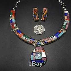 Vintage ALVIN YELLOWHORSE Sterling Silver Channel Inlay NECKLACE & EARRINGS Set