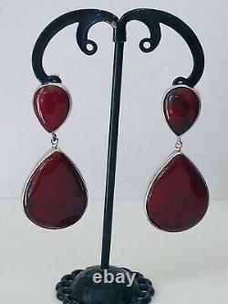 Vintage ATI Mexico Sterling Silver Red Jasper Teardrops Dangle Earrings Large