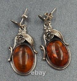 Vintage Amber Drop Earrings 925 Sterling Silver Pierced Ears Statement Jewellery