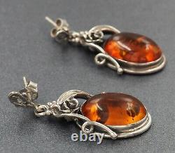 Vintage Amber Drop Earrings 925 Sterling Silver Pierced Ears Statement Jewellery