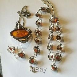 Vintage Amber Stone 925 Sterling Silver Earrings Bracelet 2 Necklaces Lot