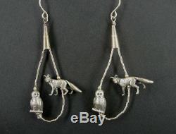 Vintage Animal Long Fetish Owl Fox Beads Sterling Silver 925 Pierced Earrings