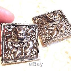 Vintage Antique 925 Sterling Silver Dragon Button Clip On Earrings