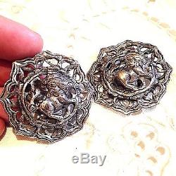 Vintage Antique 925 Sterling Silver Lion Button Clip On Earrings