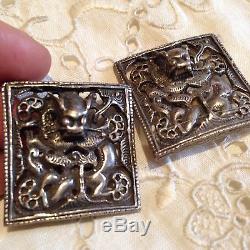 Vintage Antique 92.5% Sterling Silver Dragon Button Clip On Earrings