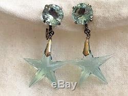 Vintage Antique Art Deco Japan Star Aqua Crystal Open Back Sterling Earrings