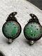 Vintage Antique Chinese Carved Emerald Green & White A Jade Sterling Earrings