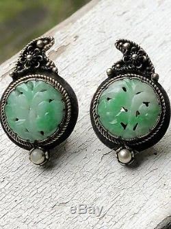 Vintage Antique Chinese Carved Emerald Green & White A Jade Sterling Earrings