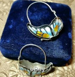 Vintage Antique Chinese Fine Sterling Silver Enamel Butterfly Hook Earrings