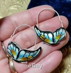 Vintage Antique Chinese Fine Sterling Silver Enamel Butterfly Hook Earrings