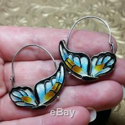 Vintage Antique Chinese Large 3D Sterling Enamel Butterfly Dangle Earrings