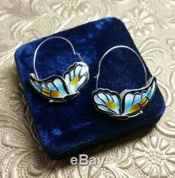 Vintage Antique Chinese Large 3D Sterling Enamel Butterfly Dangle Earrings