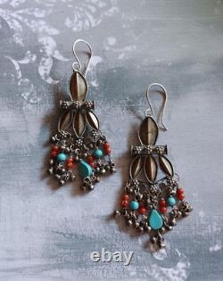 Vintage Antique India handmade dangle drop earrings sterling silver coral &glass