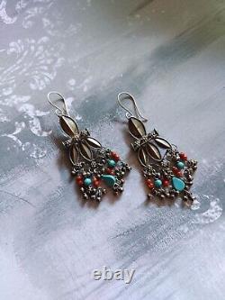 Vintage Antique India handmade dangle drop earrings sterling silver coral &glass