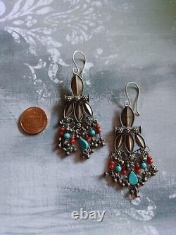 Vintage Antique India handmade dangle drop earrings sterling silver coral &glass