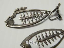 Vintage / Antique Mexican Fish Skeleton Sterling Silver Earrings Great Gift