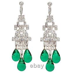 Vintage Antique White CZ & Emerald Art Deco Style Chandelier Women's Earrings