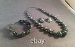 Vintage Art Deco 1920s Inlaid Turquoise & Sterling Necklace Bracelet Earrings