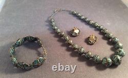 Vintage Art Deco 1920s Inlaid Turquoise & Sterling Necklace Bracelet Earrings