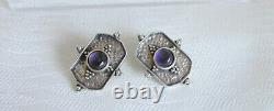 Vintage Art Deco Amethyst Cabochon Sterling Silver Earrings Clips Signed