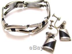 Vintage Art Deco Black Enamel Sterling Silver Bracelet Earrings925 MexicoE394
