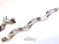 Vintage Art Deco Black Enamel Sterling Silver Bracelet Earrings925 MexicoE394