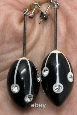 Vintage Art Deco Polka Dot Black White Bakelite/Lucite Sterling Silver Earrings