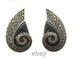 Vintage Art Deco Sterling 925 Pear Curved Swirl Onyx Marcasite Clip On Earrings