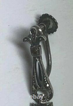 Vintage Art Deco Sterling Silver Chrysoprase Marcasite Screw Earrings Germany