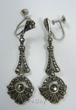 Vintage Art Deco Sterling Silver Marcasite 5cm Drop Earrings Germany / Austria